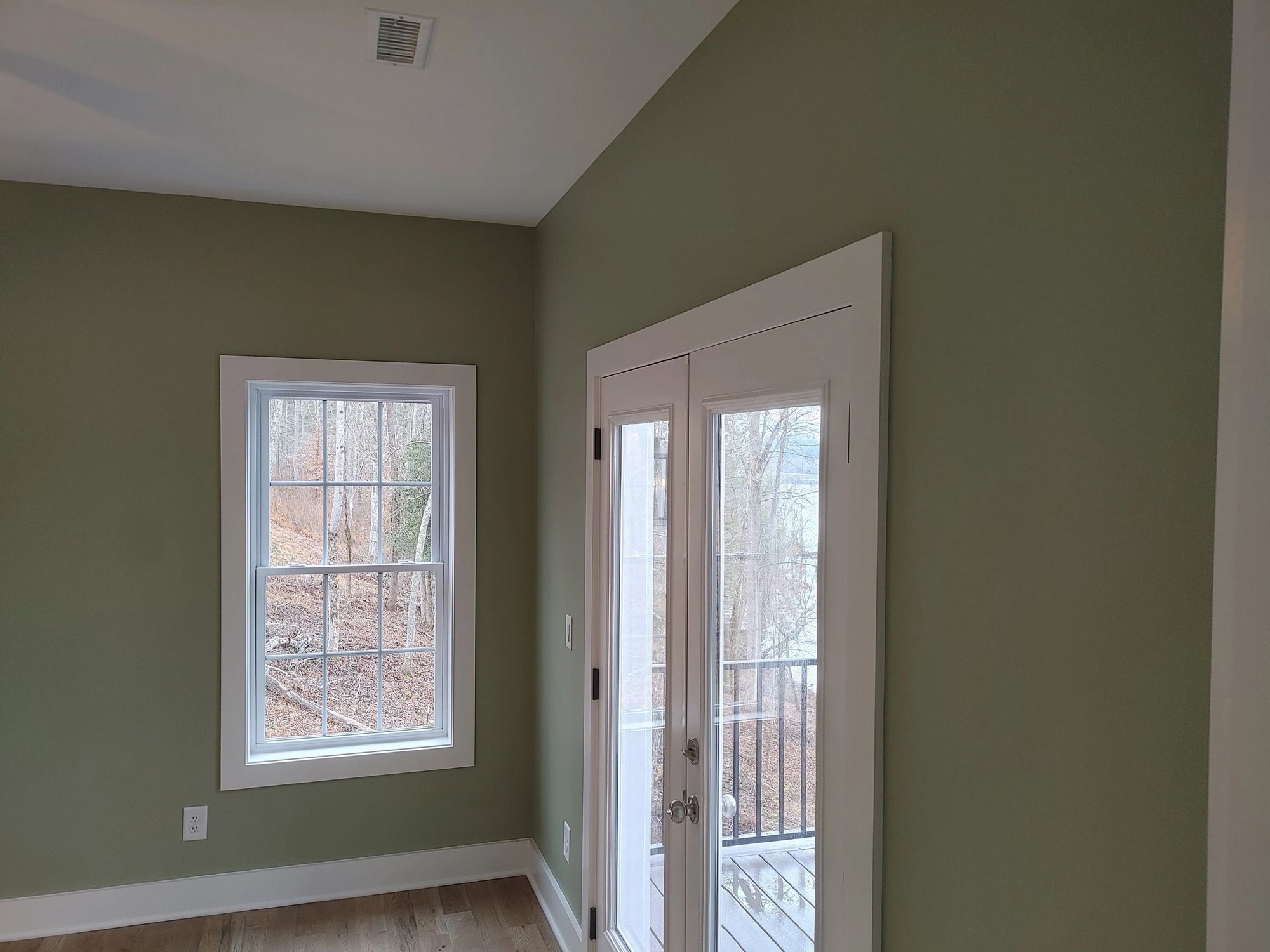 Room with sage green walls, white trim and French doors